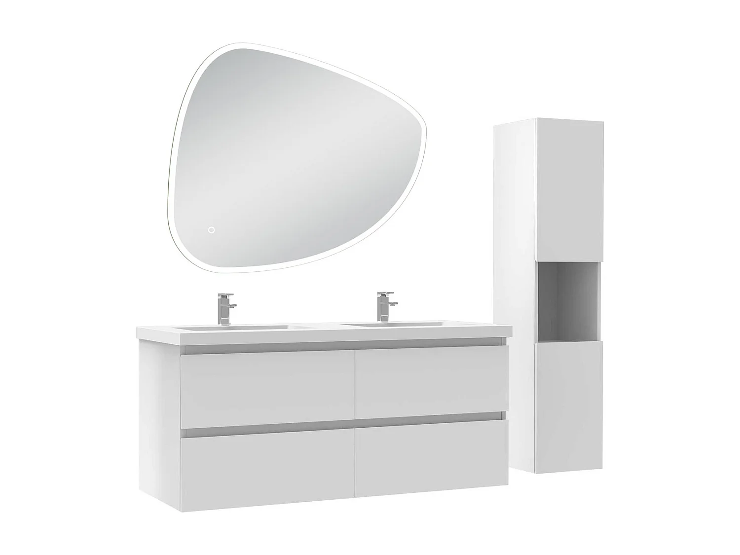 Ensemble meuble blanc et lavabo L.120cm 4 tiroirs + colonne haute + miroir antibuée Asymétrique à LED 100x80cm-suspendu