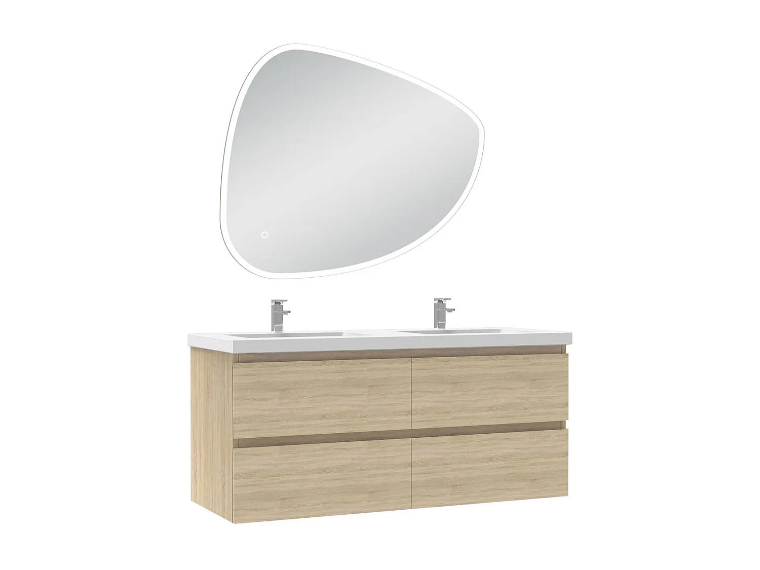 Meuble de salle de bain à 4 tiroirs L.120cm + lavabo + miroir antibuée Asymétrique à led 100x80cm, chêne suspendu