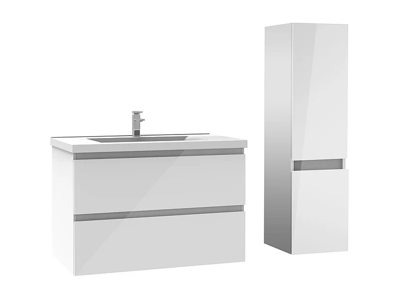 Ensemble meuble salle de bain 80 cm blanc brillant avec 2 tiroirs à fermeture automatique, lavabo céramique simple + colonne, suspendu