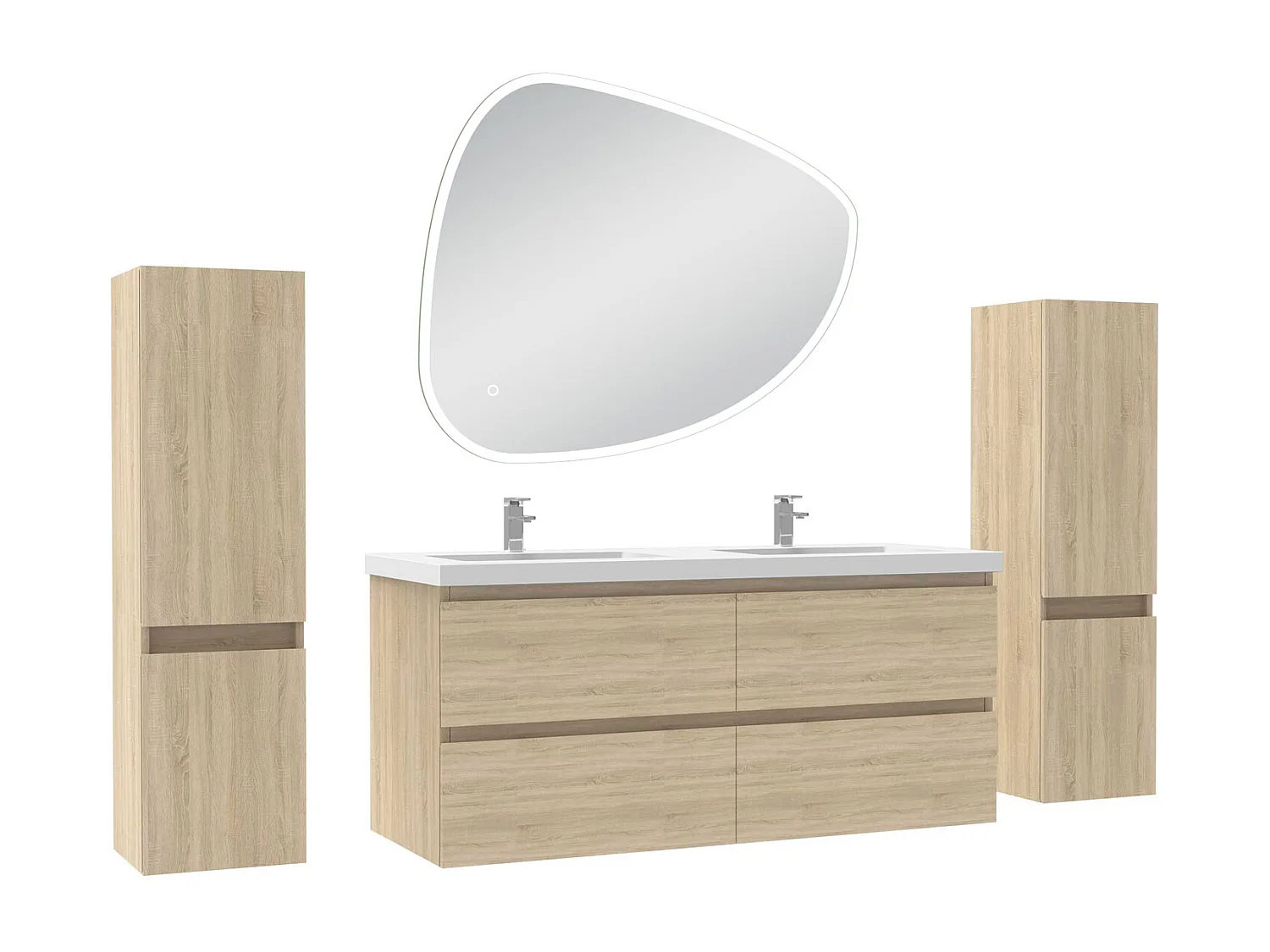 Ensemble meuble chêne et vasque L.120cm 4 tiroirs + colonne x 2 + miroir antibuée Asymétrique à led 100x80cm-suspendu