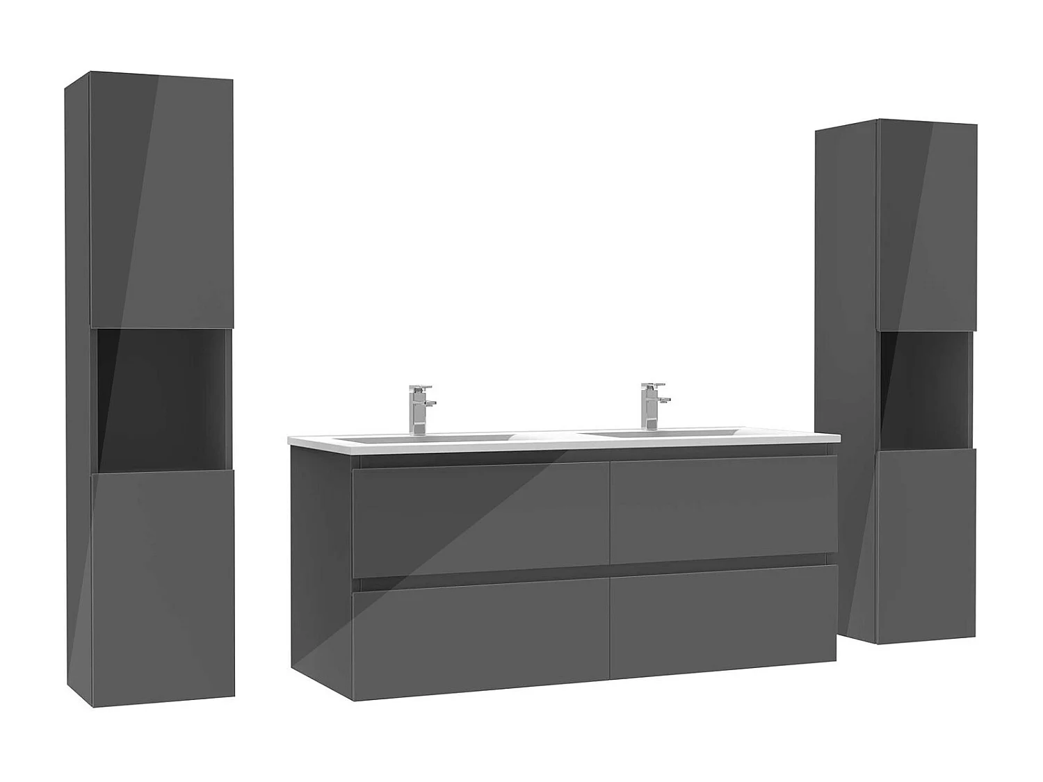 Ensemble meuble salle de bain 120 cm anthracite brillant avec 4 tiroirs à fermeture automatique, double lavabo céramique + colonne haute x2, suspendu