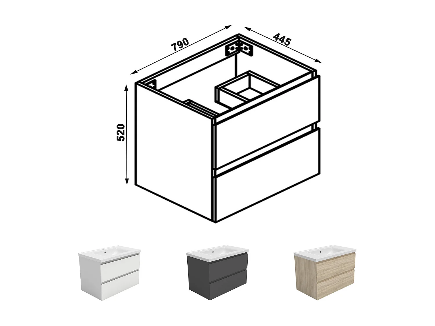 Ensemble meuble anthracite et vasque L.80cm 2 tiroirs + colonne x 2 haute + miroir antibuée Asymétrique à led 80x55cm-suspendu