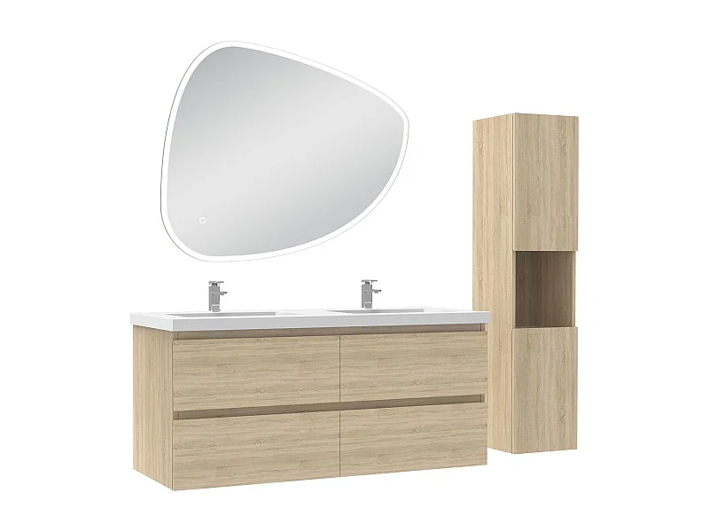 Ensemble meuble chêne et lavabo L.120cm 4 tiroirs + colonne haute + miroir antibuée Asymétrique à LED 100x80cm-suspendu
