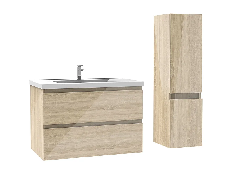 Ensemble meuble salle de bain 80 cm chêne brillant avec 2 tiroirs à fermeture automatique, lavabo céramique simple + colonne, suspendu