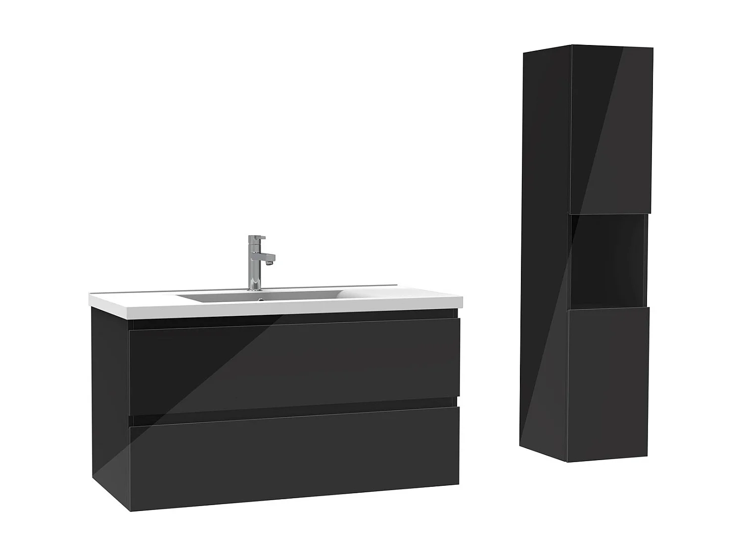 Ensemble meuble salle de bain 100 cm noir brillant avec 2 tiroirs à fermeture automatique, lavabo céramique simple + colonne haute, suspendu