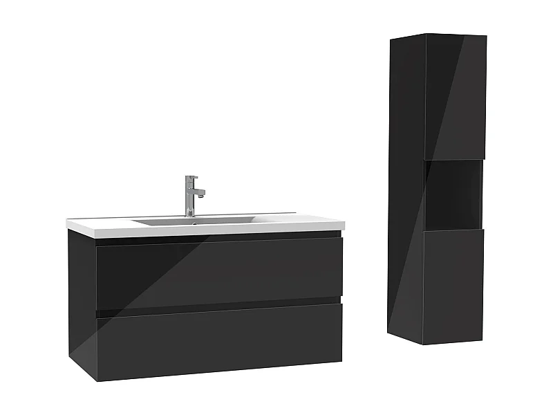 Ensemble meuble salle de bain 100 cm noir brillant avec 2 tiroirs à fermeture automatique, lavabo céramique simple + colonne haute, suspendu