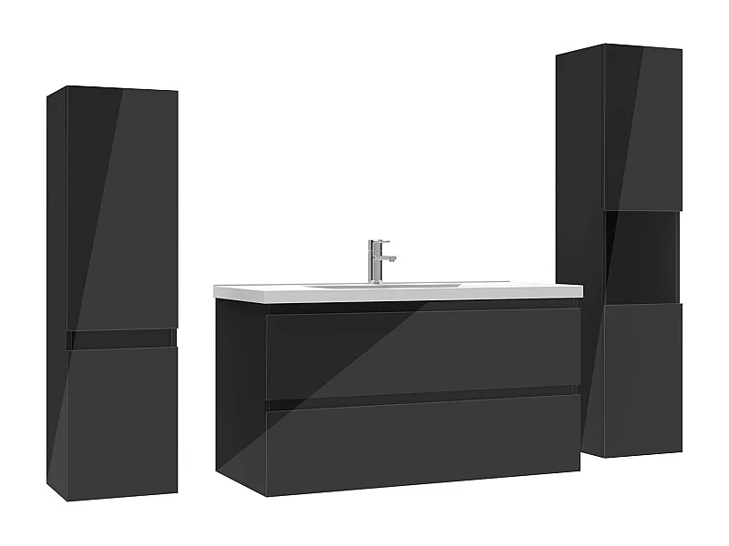 Ensemble meuble salle de bain 100 cm noir brillant avec 2 tiroirs à fermeture automatique, lavabo céramique simple + deux colonnes, suspendu