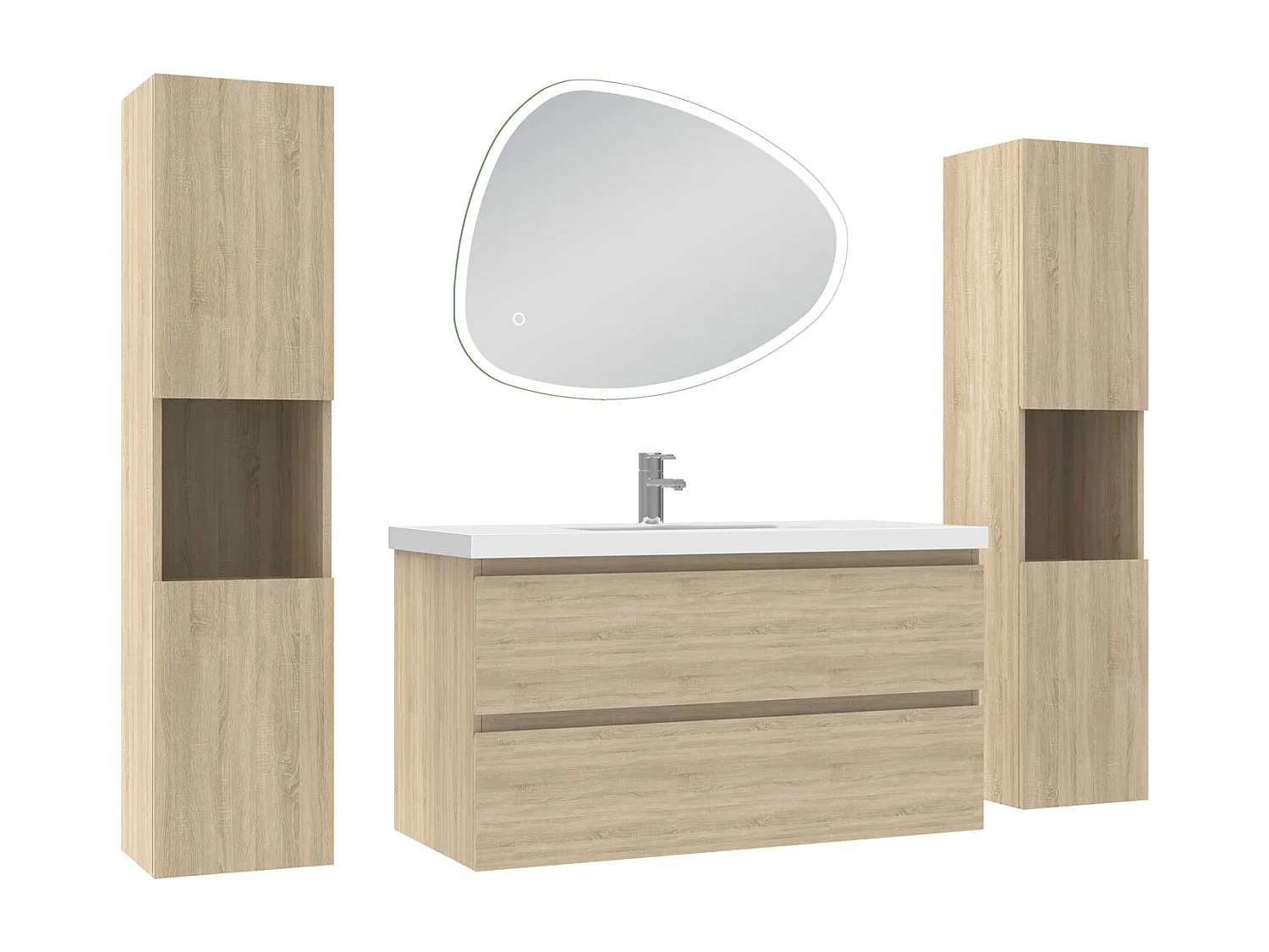 Ensemble meuble chêne et lavabo L.100cm 2 tiroirs + colonne x 2 haute + miroir antibuée Asymétrique à LED 80x65cm-suspendu