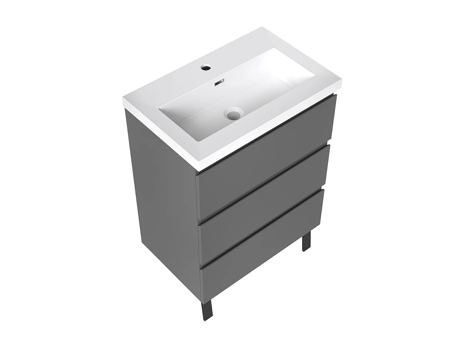 Meuble de Salle de Bain 60cm avec 3 tiroirs + 2 Pieds, Meuble simple vasque, Anthracite