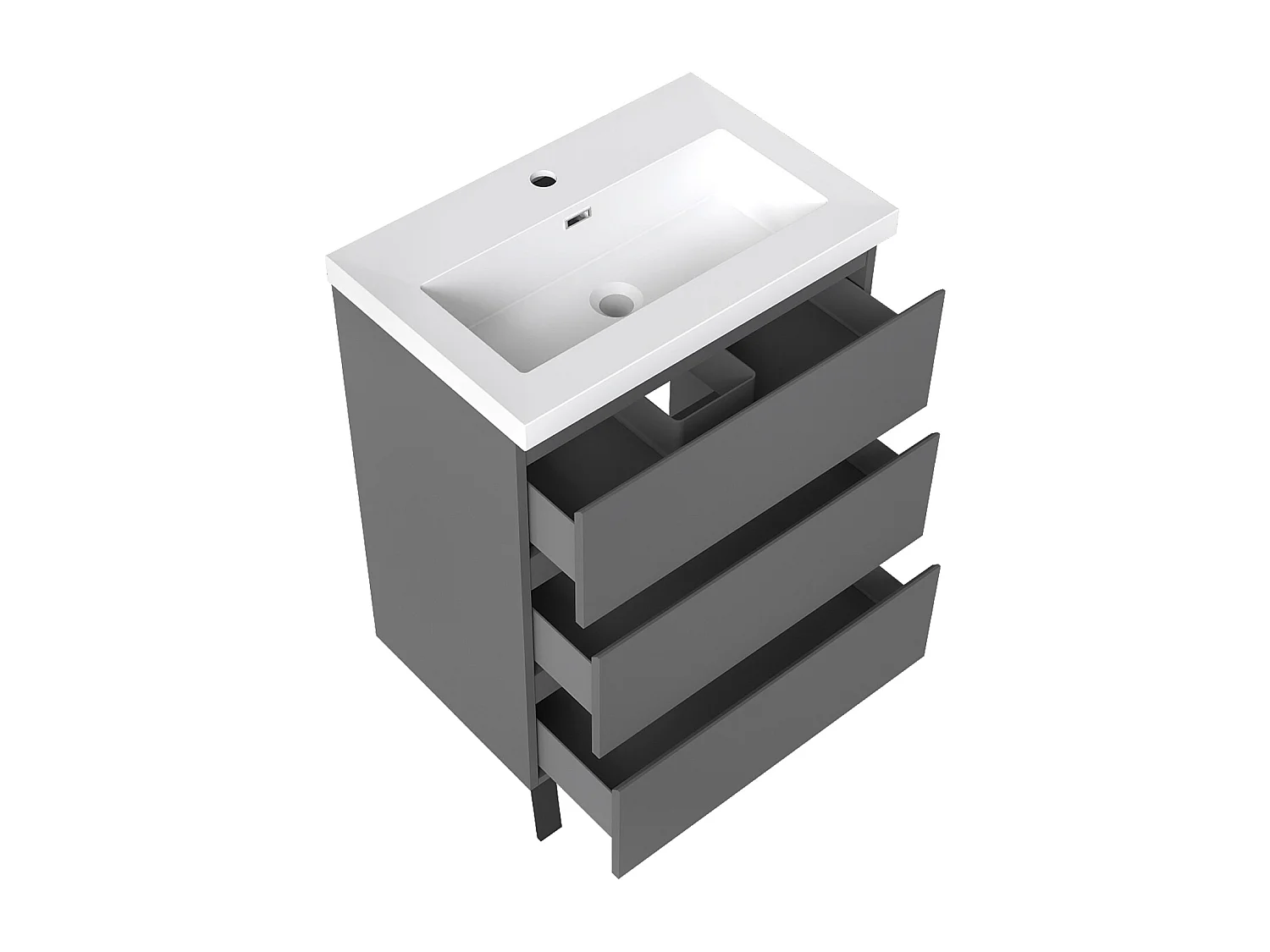 Meuble de Salle de Bain 60cm avec 3 tiroirs + 2 Pieds, Meuble simple vasque, Anthracite