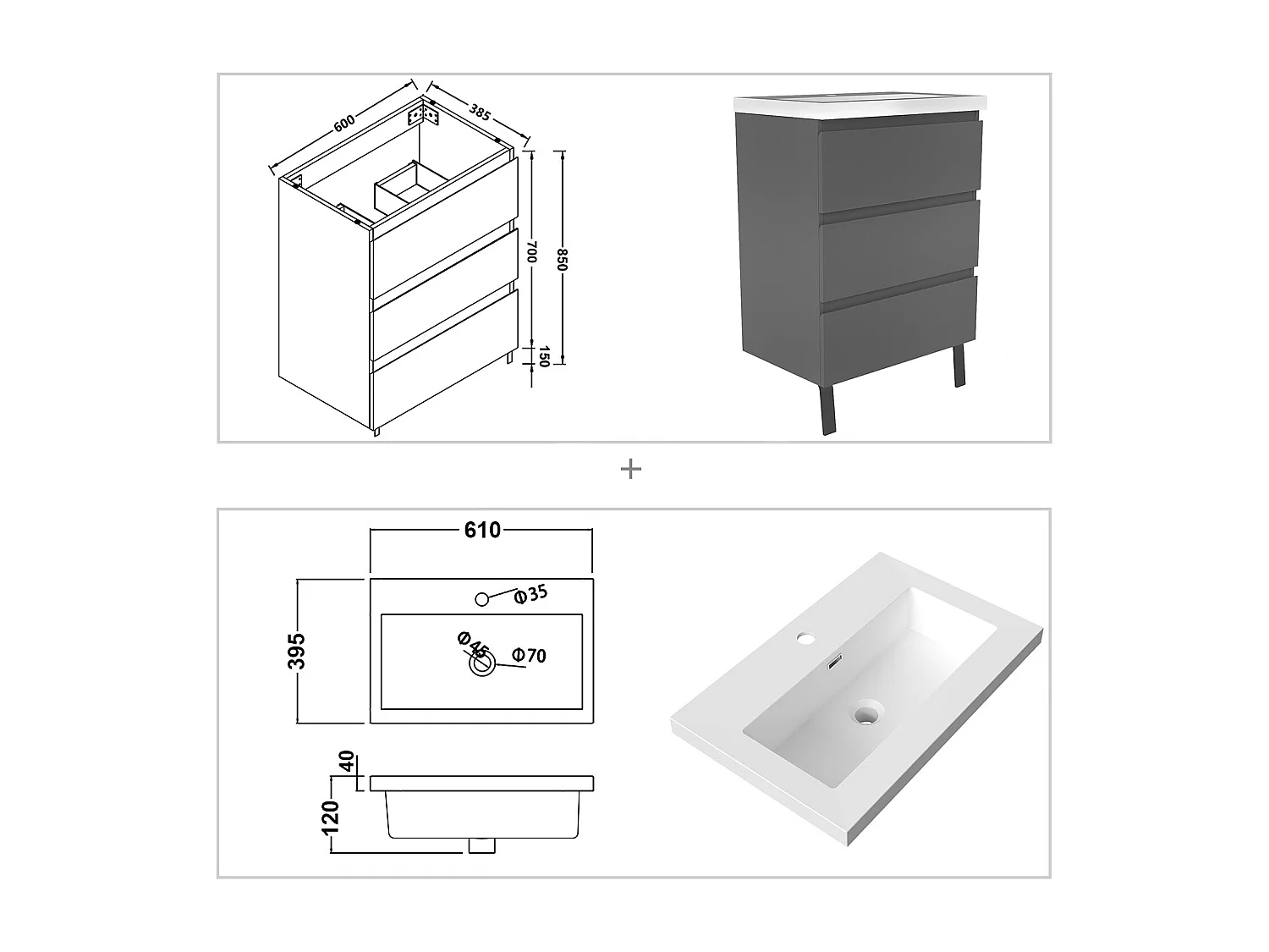 Meuble de Salle de Bain 60cm avec 3 tiroirs + 2 Pieds, Meuble simple vasque, Anthracite