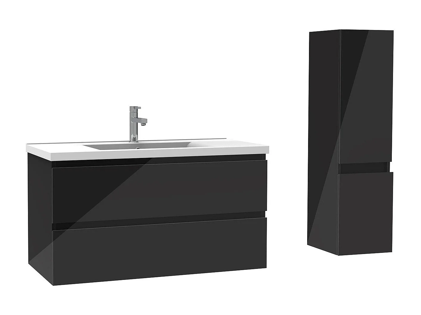 Ensemble meuble salle de bain 100 cm noir brillant avec 2 tiroirs à fermeture automatique, lavabo céramique simple + colonne, suspendu