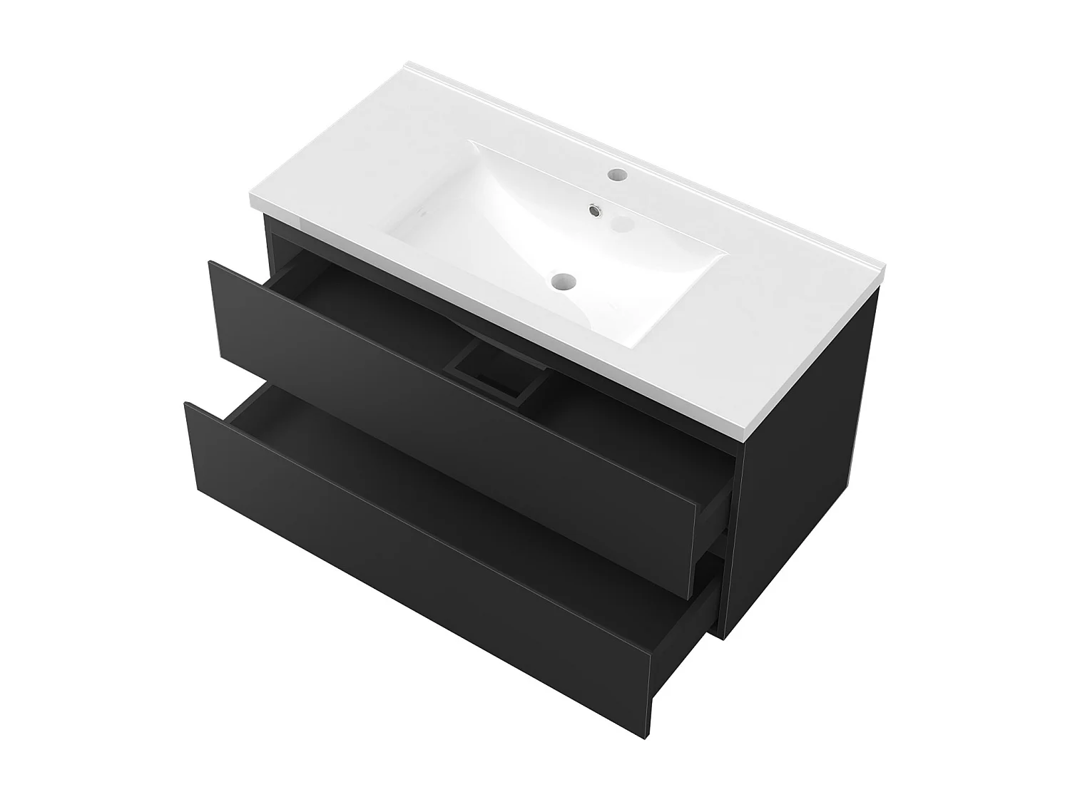 Ensemble meuble salle de bain 100 cm noir brillant avec 2 tiroirs à fermeture automatique, lavabo céramique simple + colonne, suspendu