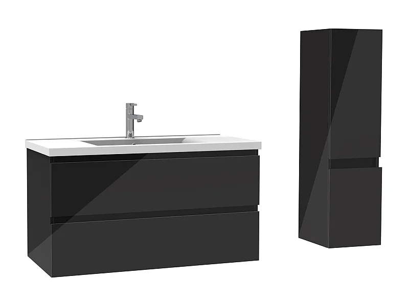 Ensemble meuble salle de bain 100 cm noir brillant avec 2 tiroirs à fermeture automatique, lavabo céramique simple + colonne, suspendu