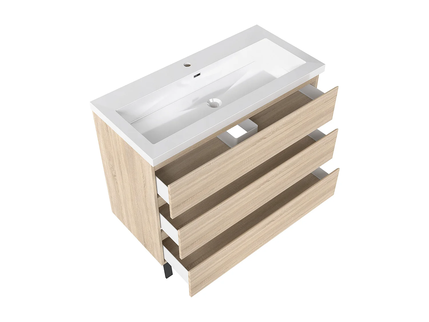 Meuble de Salle de Bain 100cm avec 3 tiroirs + 2 Pieds, Meuble simple vasque, Chêne