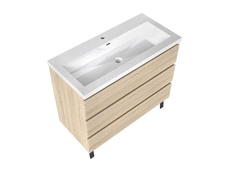 Meuble de Salle de Bain 100cm avec 3 tiroirs + 2 Pieds, Meuble simple vasque, Chêne