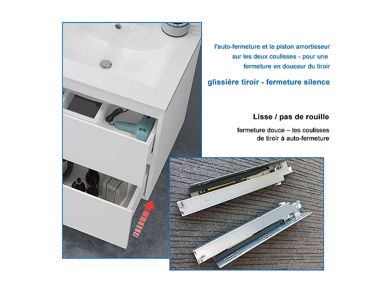 Meuble salle de bain 80cm chêne brillant avec 2 tiroirs à fermeture automatique et simple lavabo