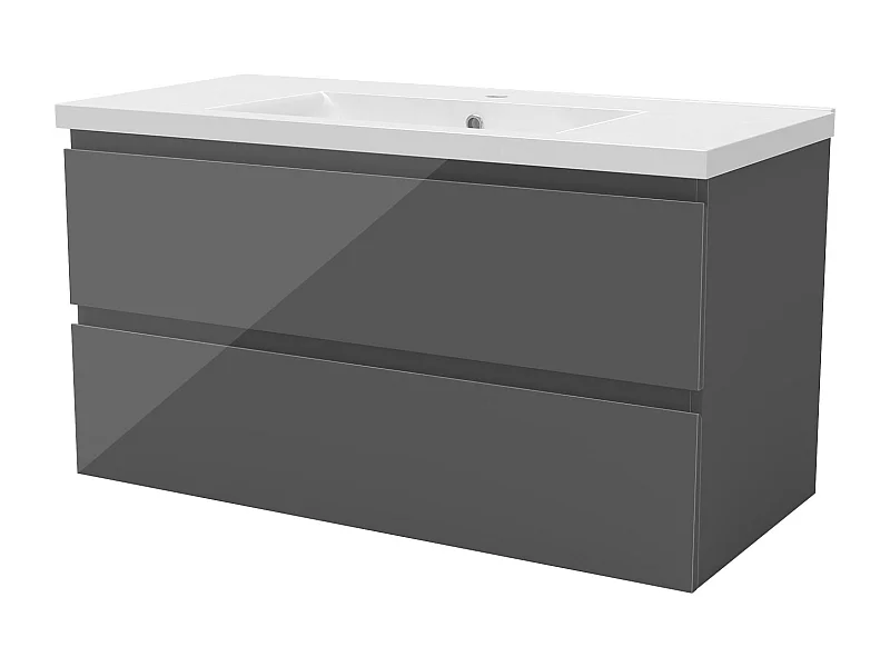 Meuble salle de bain 100cm anthracite brillant avec 2 tiroirs à fermeture automatique et simple lavabo