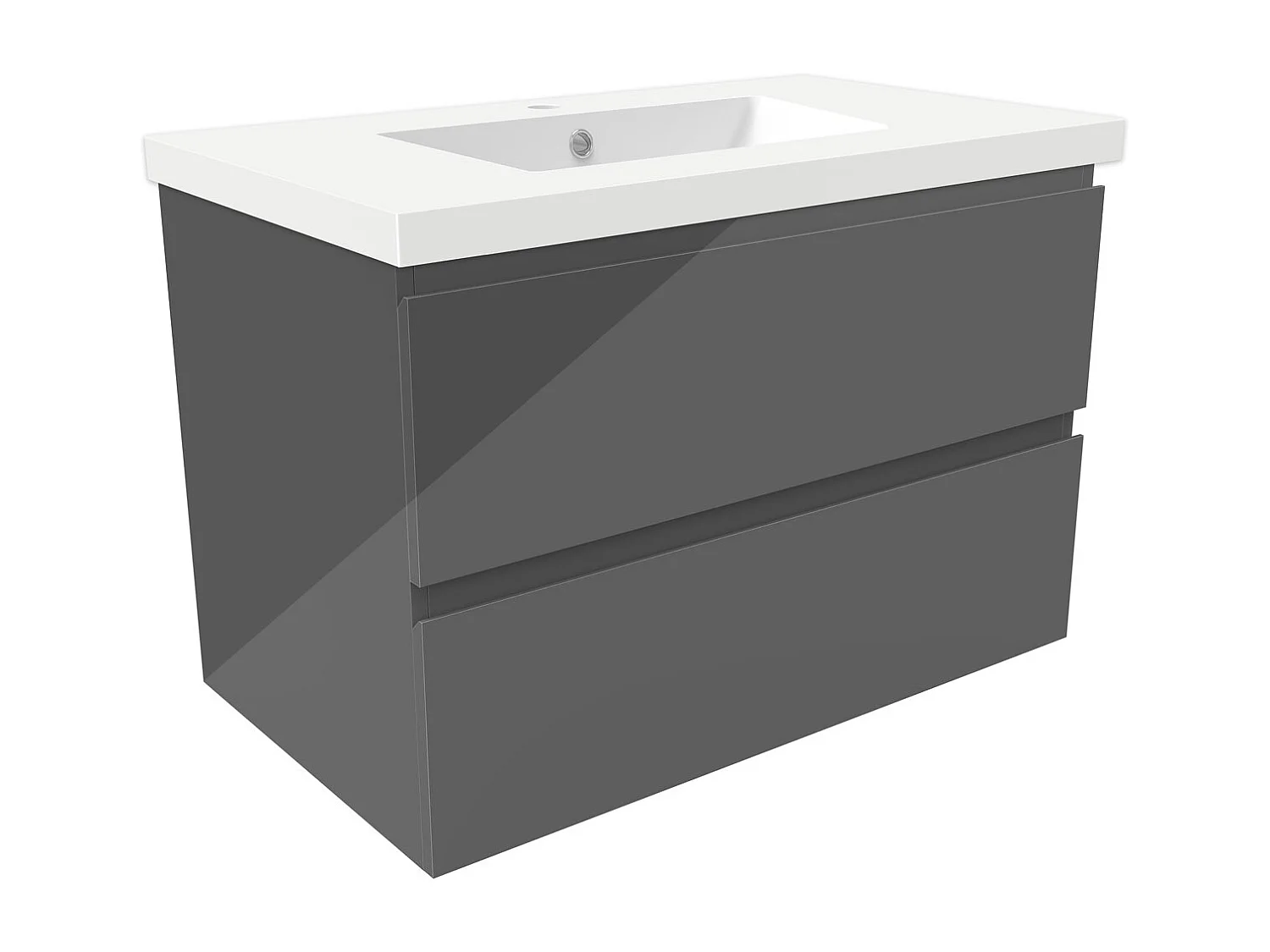 Meuble salle de bain 80cm anthracite brillant avec 2 tiroirs à fermeture automatique et simple lavabo