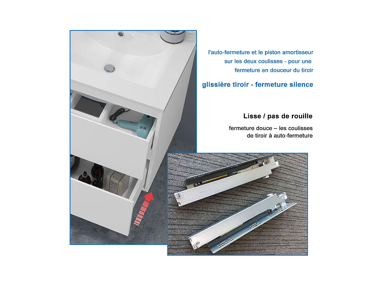 Meuble salle de bain 80cm anthracite brillant avec 2 tiroirs à fermeture automatique et simple lavabo