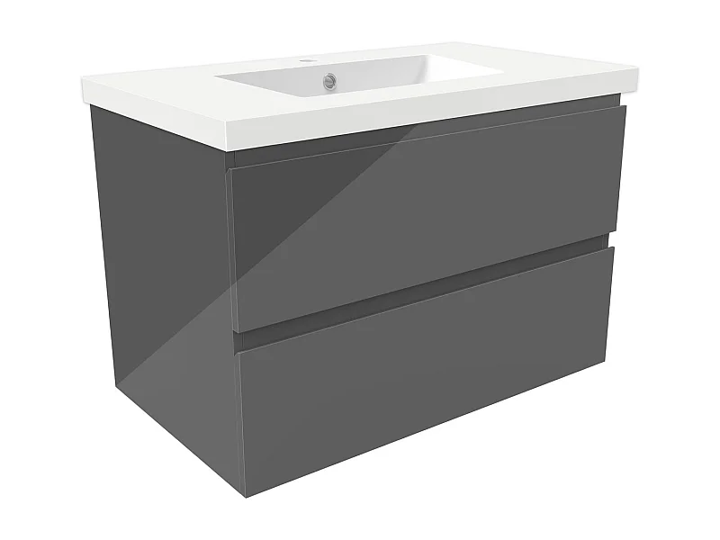 Meuble salle de bain 80cm anthracite brillant avec 2 tiroirs à fermeture automatique et simple lavabo