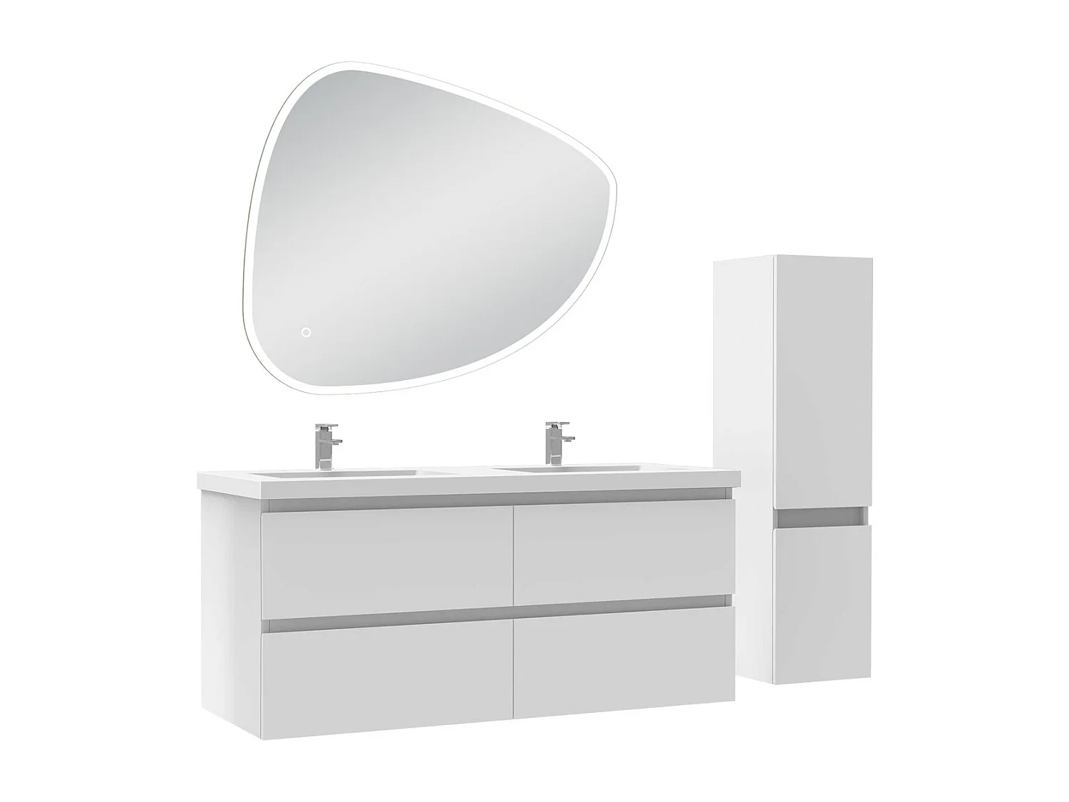 Ensemble meuble blanc et vasque L.120cm 4 tiroirs + colonne + miroir antibuée Asymétrique à led 100x80cm-suspendu