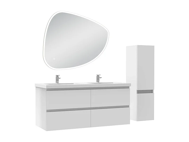 Ensemble meuble blanc et vasque L.120cm 4 tiroirs + colonne + miroir antibuée Asymétrique à led 100x80cm-suspendu