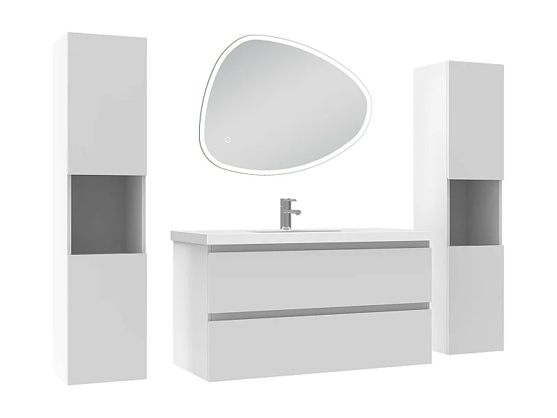 Ensemble meuble blanc et vasque L.100cm 2 tiroirs + colonne x 2 haute + miroir antibuée Asymétrique à led 80x65cm-suspendu