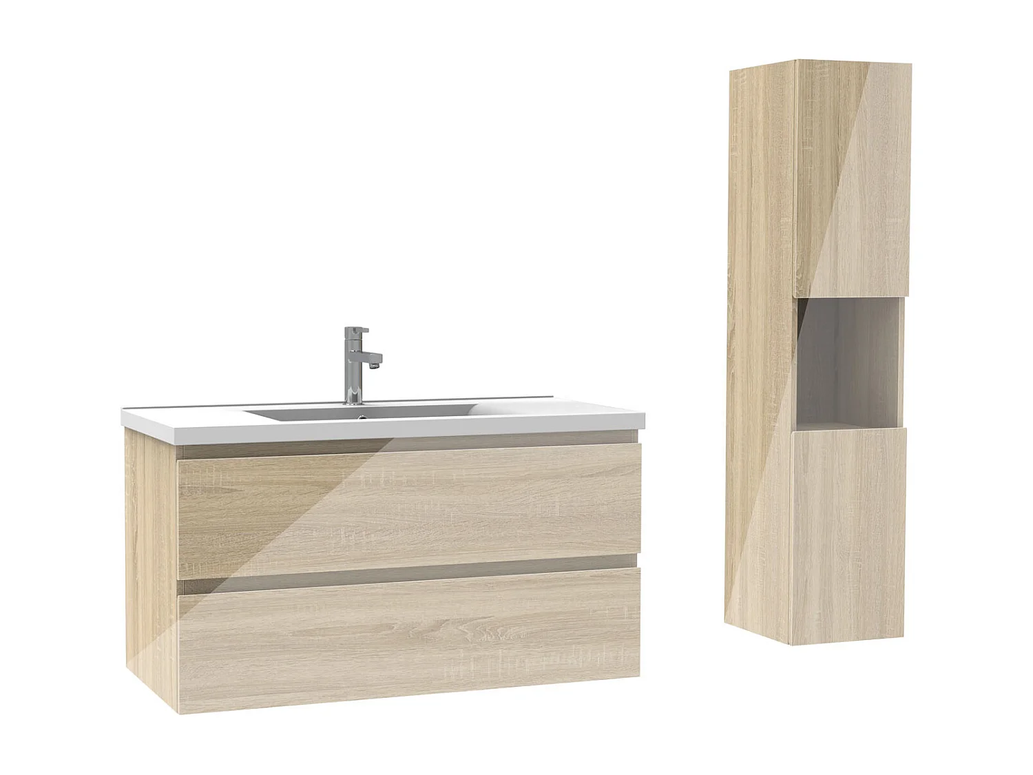 Ensemble meuble salle de bain 100 cm chêne brillant avec 2 tiroirs à fermeture automatique, lavabo céramique simple + colonne haute, suspendu