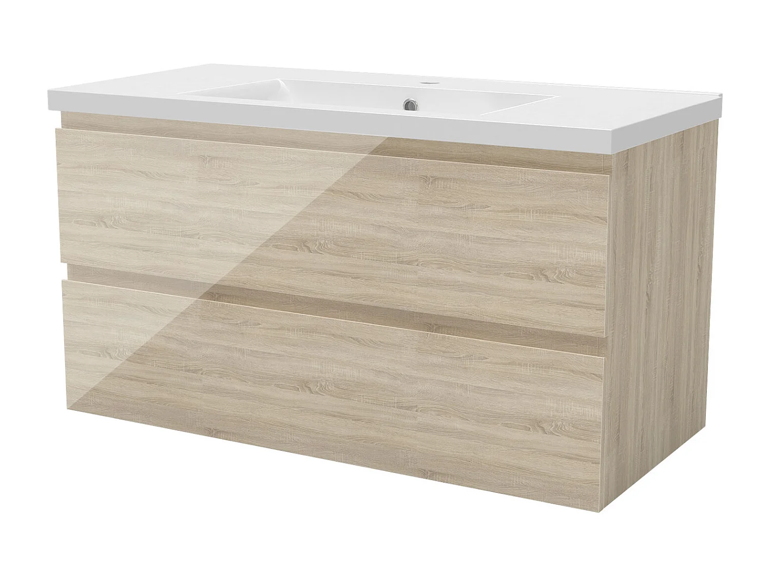 Meuble salle de bain 100cm chêne brillant avec 2 tiroirs à fermeture automatique et simple lavabo