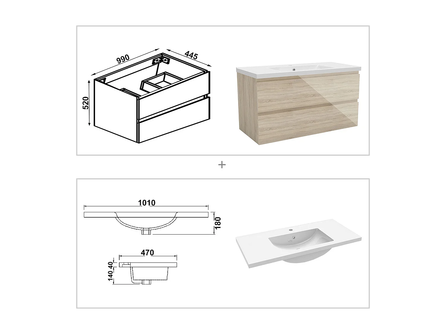 Meuble salle de bain 100cm chêne brillant avec 2 tiroirs à fermeture automatique et simple lavabo