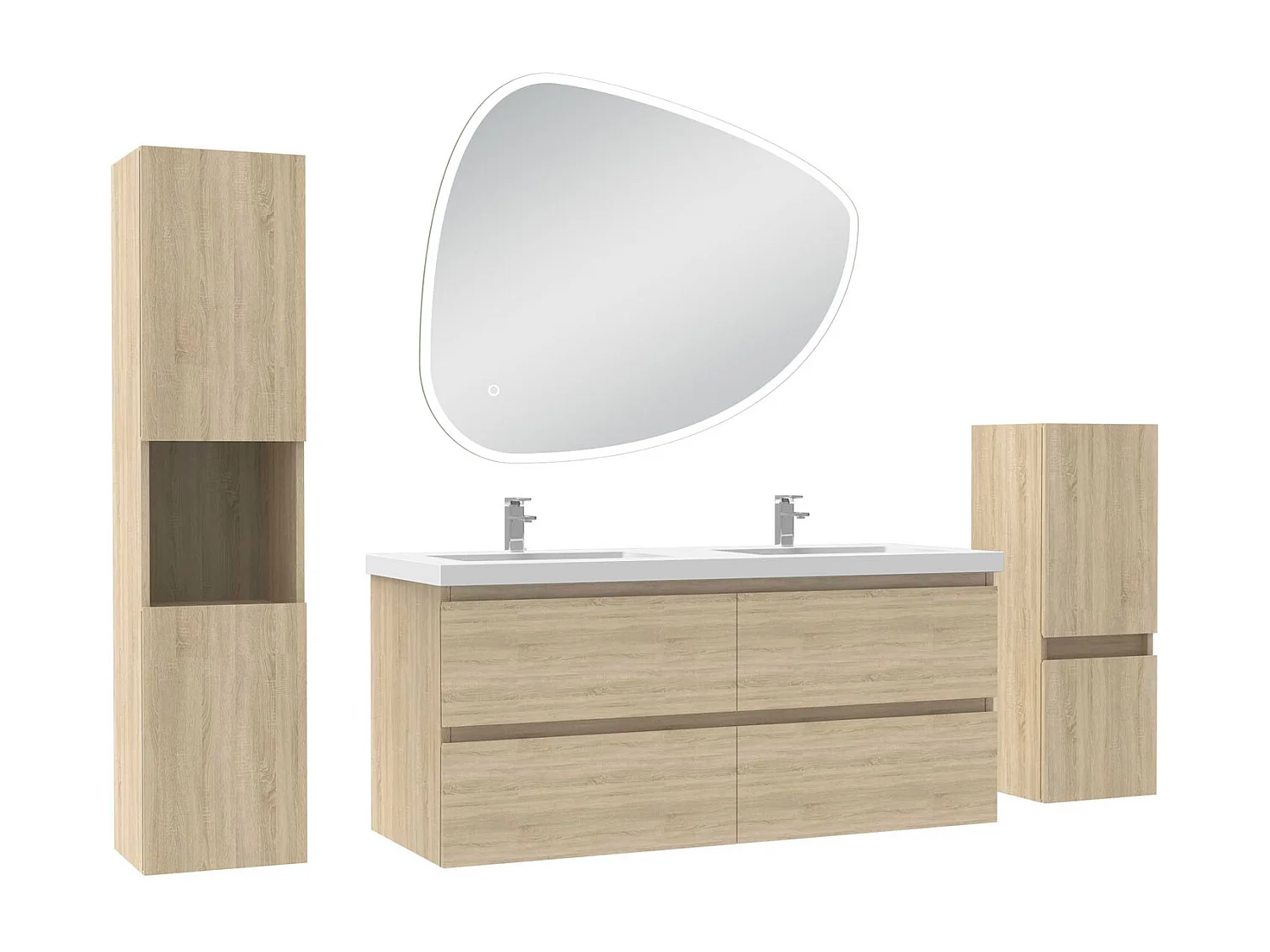 Ensemble meuble chêne et lavabo L.120cm 4 tiroirs + colonne haute + colonne basse + miroir antibuée Asymétrique à LED 100x80cm-suspendu