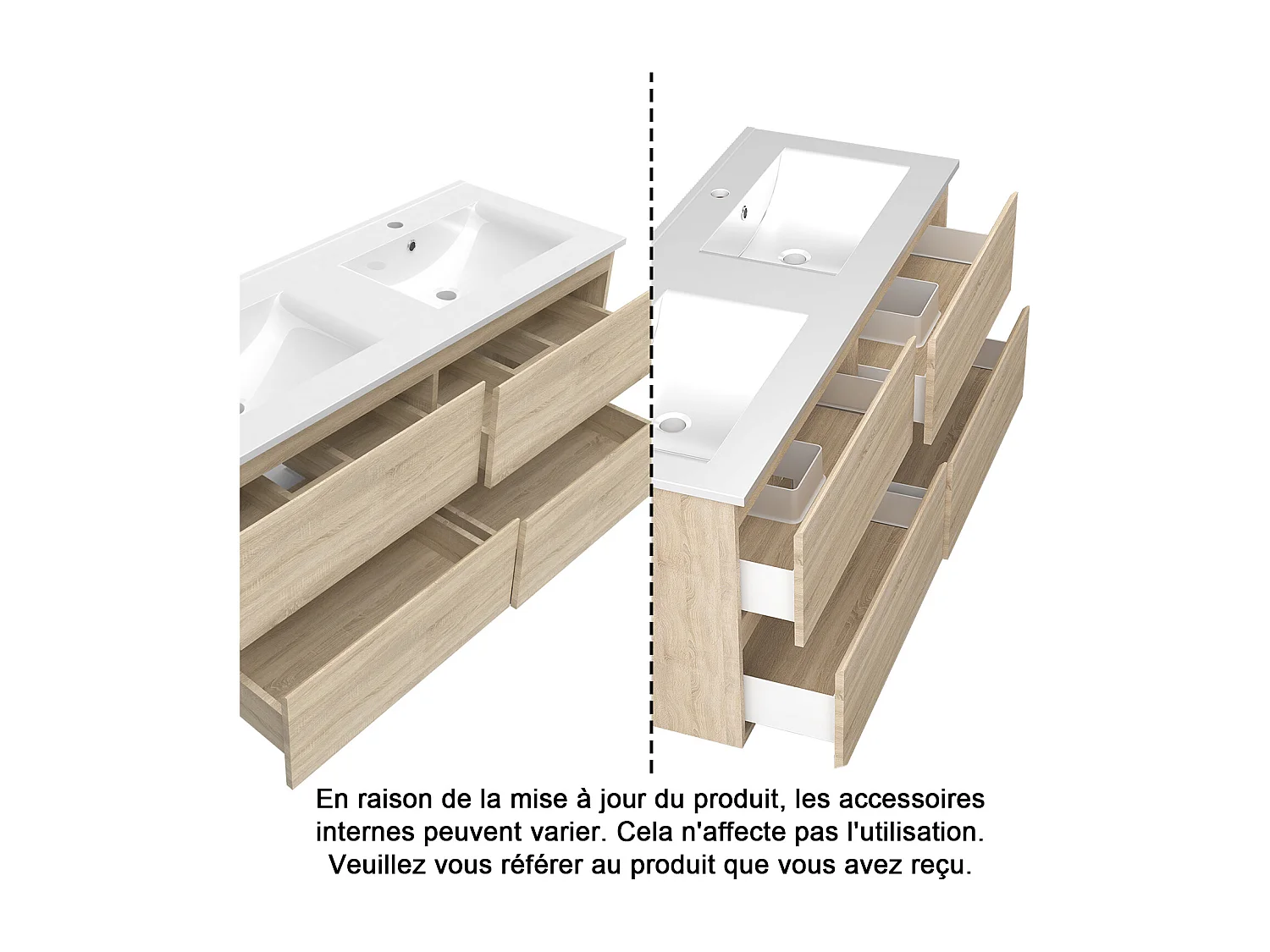 Ensemble meuble chêne et lavabo L.120cm 4 tiroirs + colonne haute + colonne basse + miroir antibuée Asymétrique à LED 100x80cm-suspendu