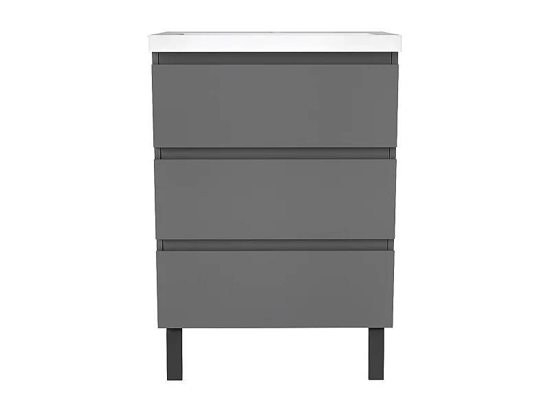 Meuble de Salle de Bain 60cm avec 3 tiroirs + 2 Pieds, Meuble simple vasque céramique, Anthracite