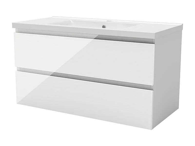 Meuble salle de bain 100cm blanc brillant avec 2 tiroirs à fermeture automatique et simple lavabo céramique