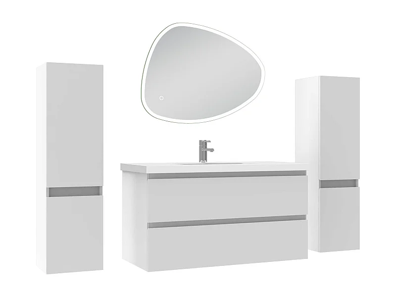 Ensemble meuble blanc et lavabo L.100cm 2 tiroirs + colonne x 2 + miroir antibuée Asymétrique à LED 80x65cm-suspendu