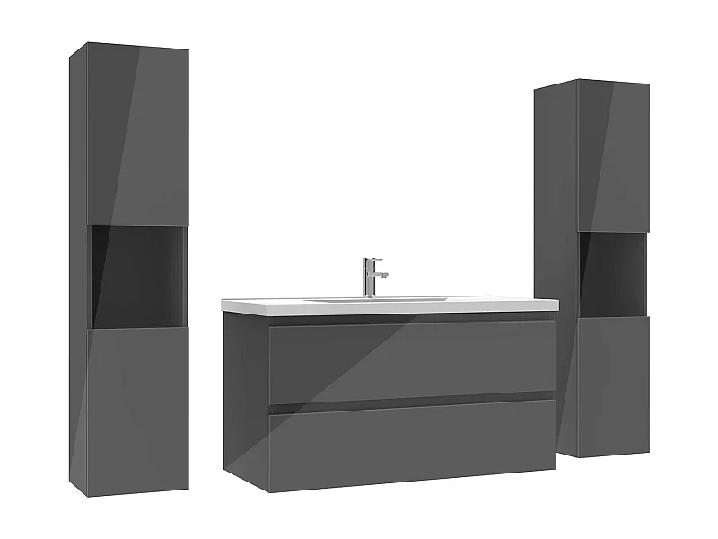 Ensemble meuble salle de bain 100 cm anthracite brillant avec 2 tiroirs à fermeture automatique, lavabo céramique simple + colonne haute x2, suspendu