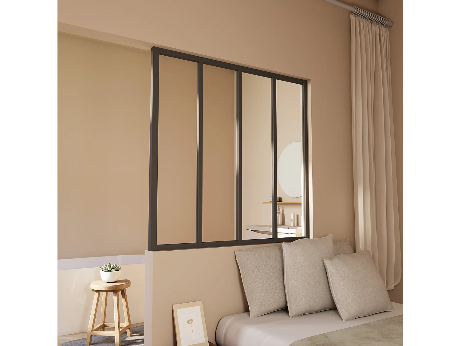 Verrière Atelier en aluminium noir mat 123x108cm - Kit COMPLET 4 carreaux avec profilé de finition latérale pour installation sur 3 murs