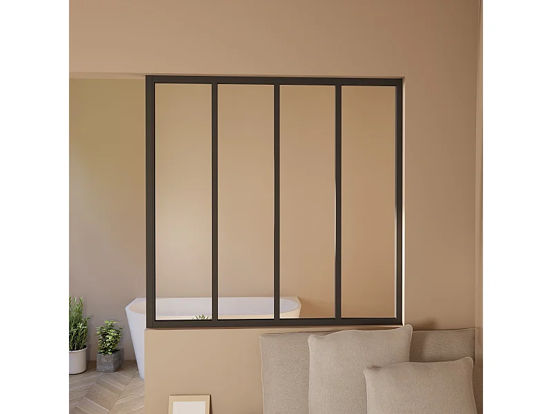 Verrière Atelier en aluminium noir mat 123x108cm - Kit COMPLET 4 carreaux avec profilé de finition latérale pour installation sur 3 murs