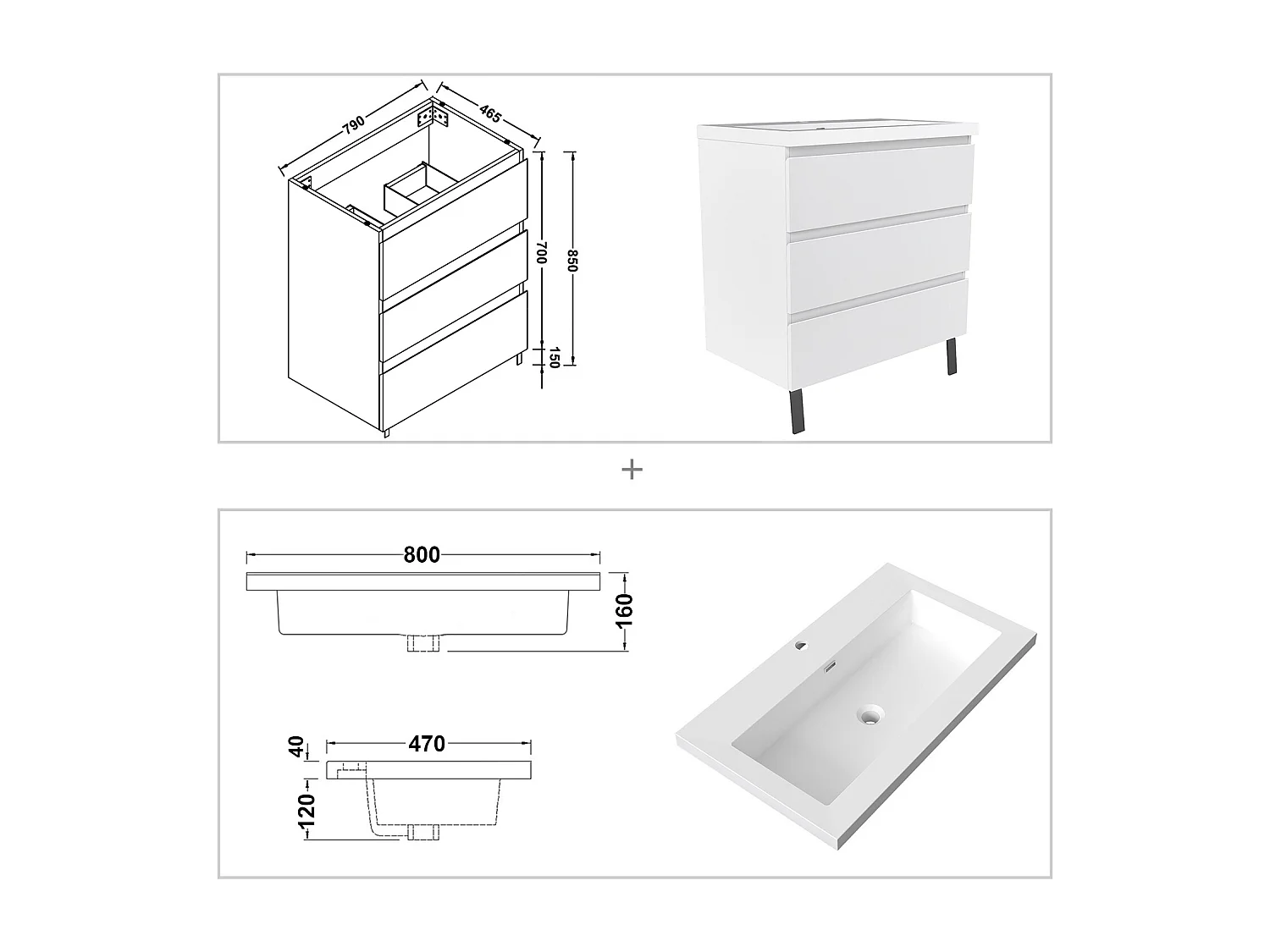 Meuble de Salle de Bain 80cm avec 3 tiroirs + 2 Pieds, Meuble simple vasque, Blanc