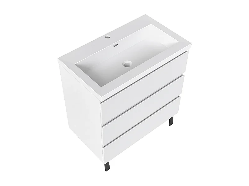 Meuble de Salle de Bain 80cm avec 3 tiroirs + 2 Pieds, Meuble simple vasque, Blanc