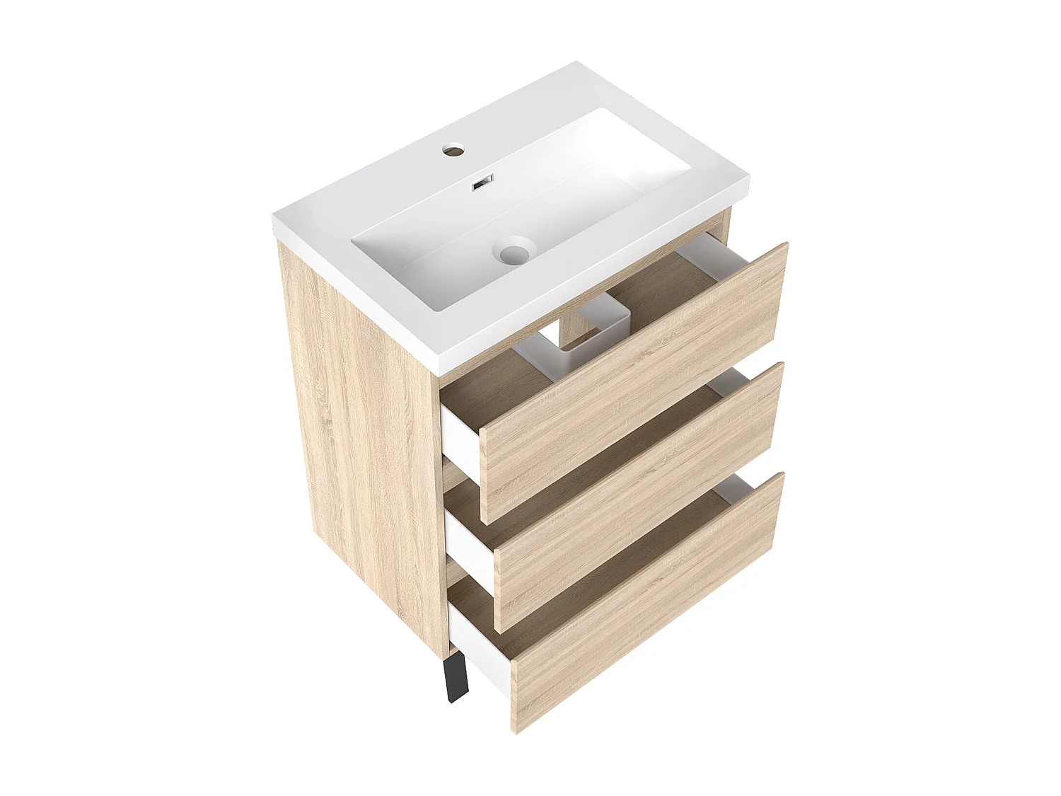 Meuble de Salle de Bain 60cm avec 3 tiroirs + 2 Pieds, Meuble simple vasque, Chêne