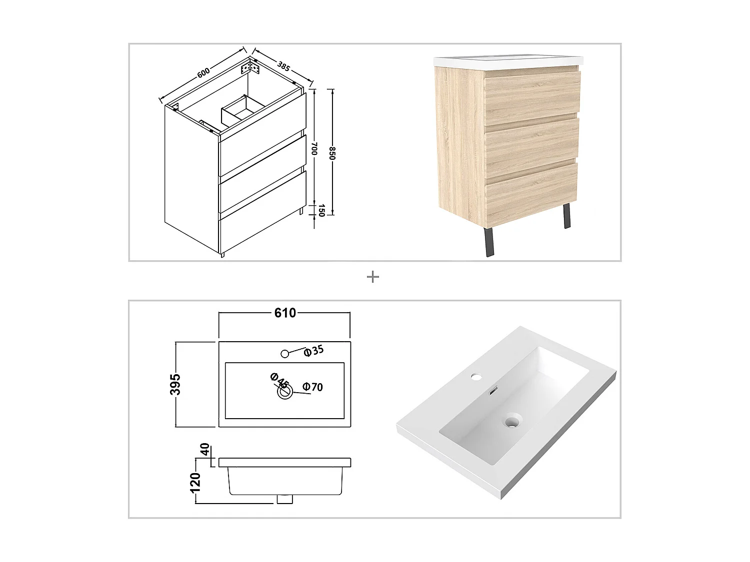 Meuble de Salle de Bain 60cm avec 3 tiroirs + 2 Pieds, Meuble simple vasque, Chêne