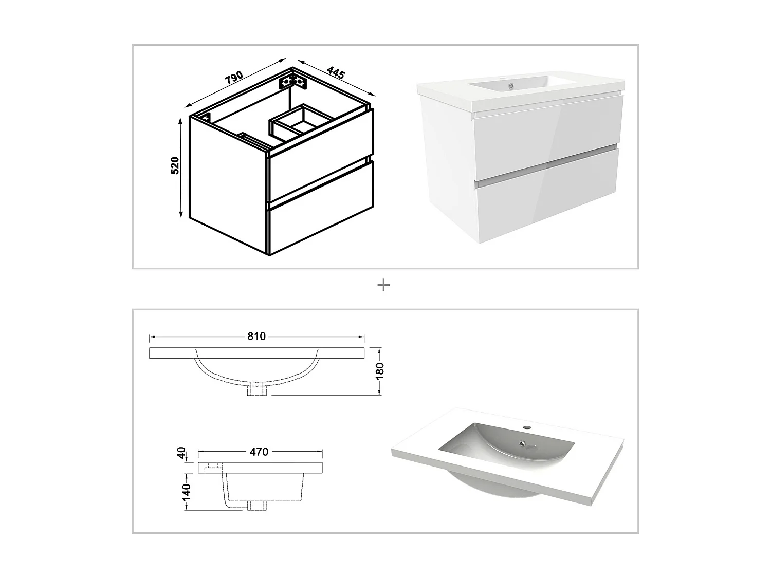 Meuble salle de bain 80cm blanc brillant avec 2 tiroirs à fermeture automatique et simple lavabo
