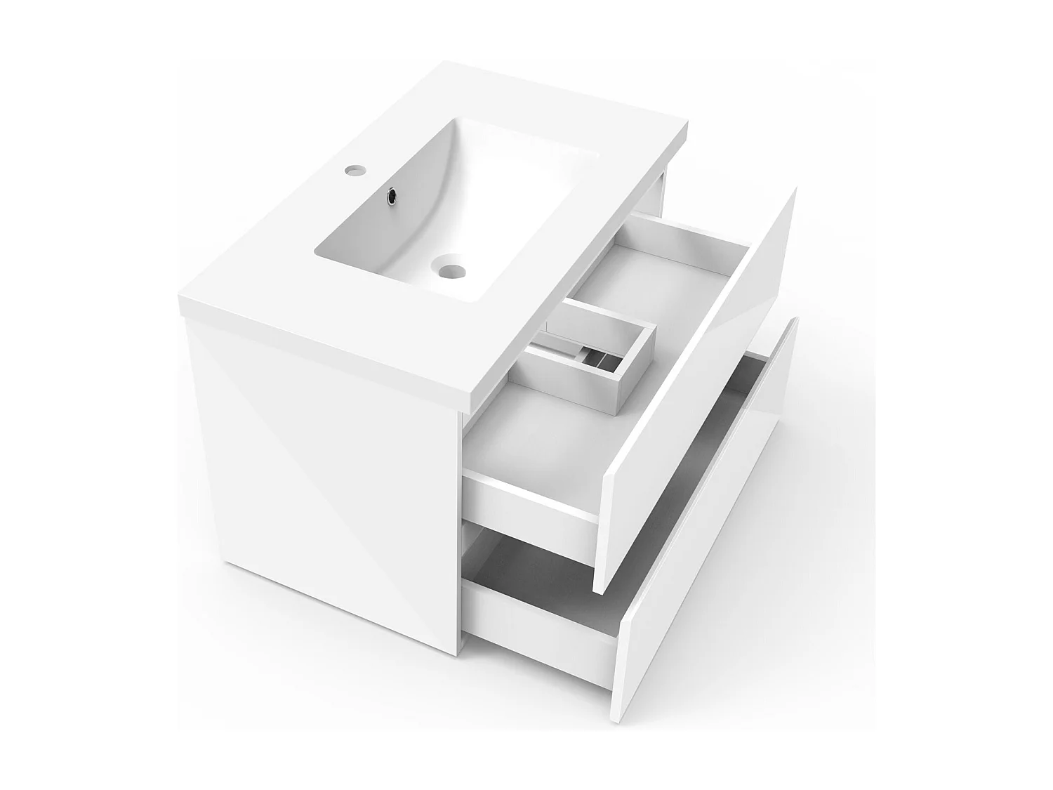 Meuble salle de bain 80cm blanc brillant avec 2 tiroirs à fermeture automatique et simple lavabo