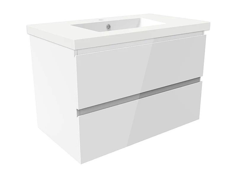 Meuble salle de bain 80cm blanc brillant avec 2 tiroirs à fermeture automatique et simple lavabo