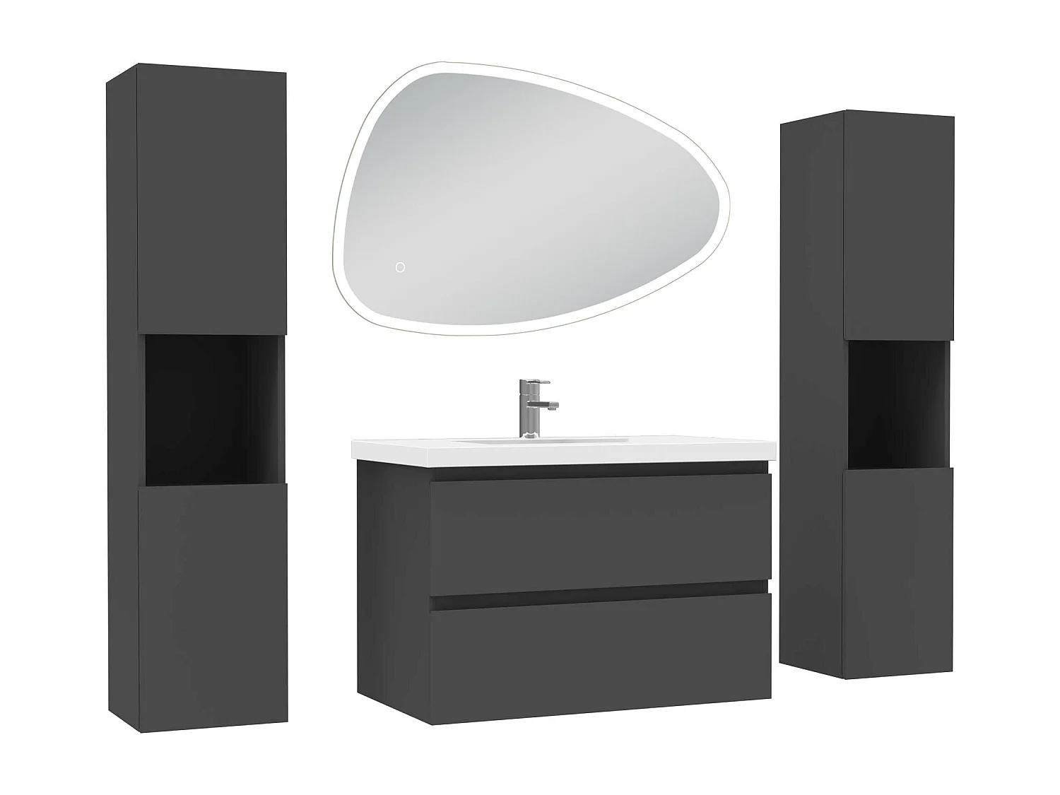 Ensemble meuble anthracite et lavabo L.80cm 2 tiroirs + colonne x 2 haute + miroir antibuée Asymétrique à LED 80x55cm-suspendu