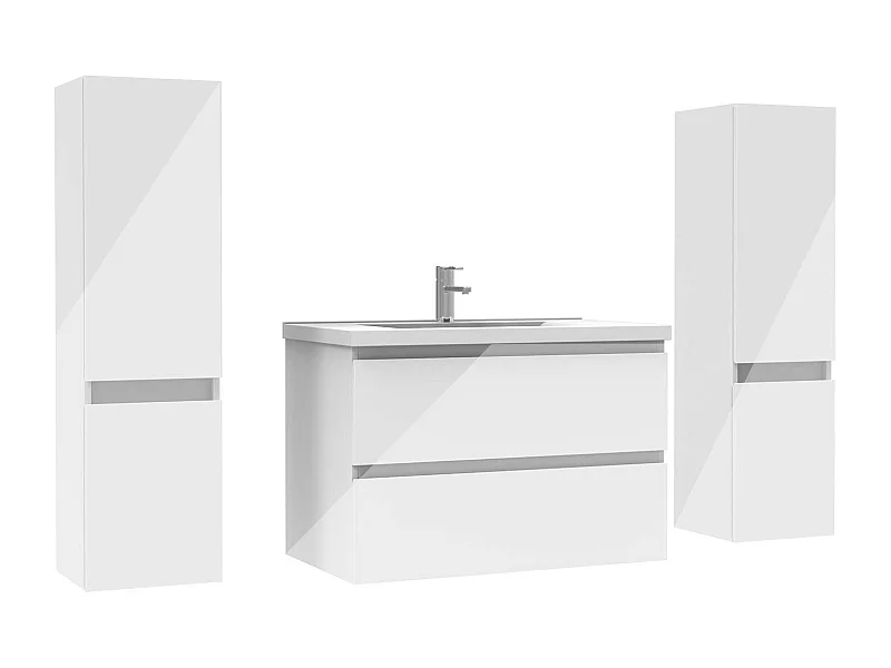 Ensemble meuble salle de bain 80 cm blanc brillant avec 2 tiroirs à fermeture automatique, lavabo céramique simple + 2 colonnes, suspendu