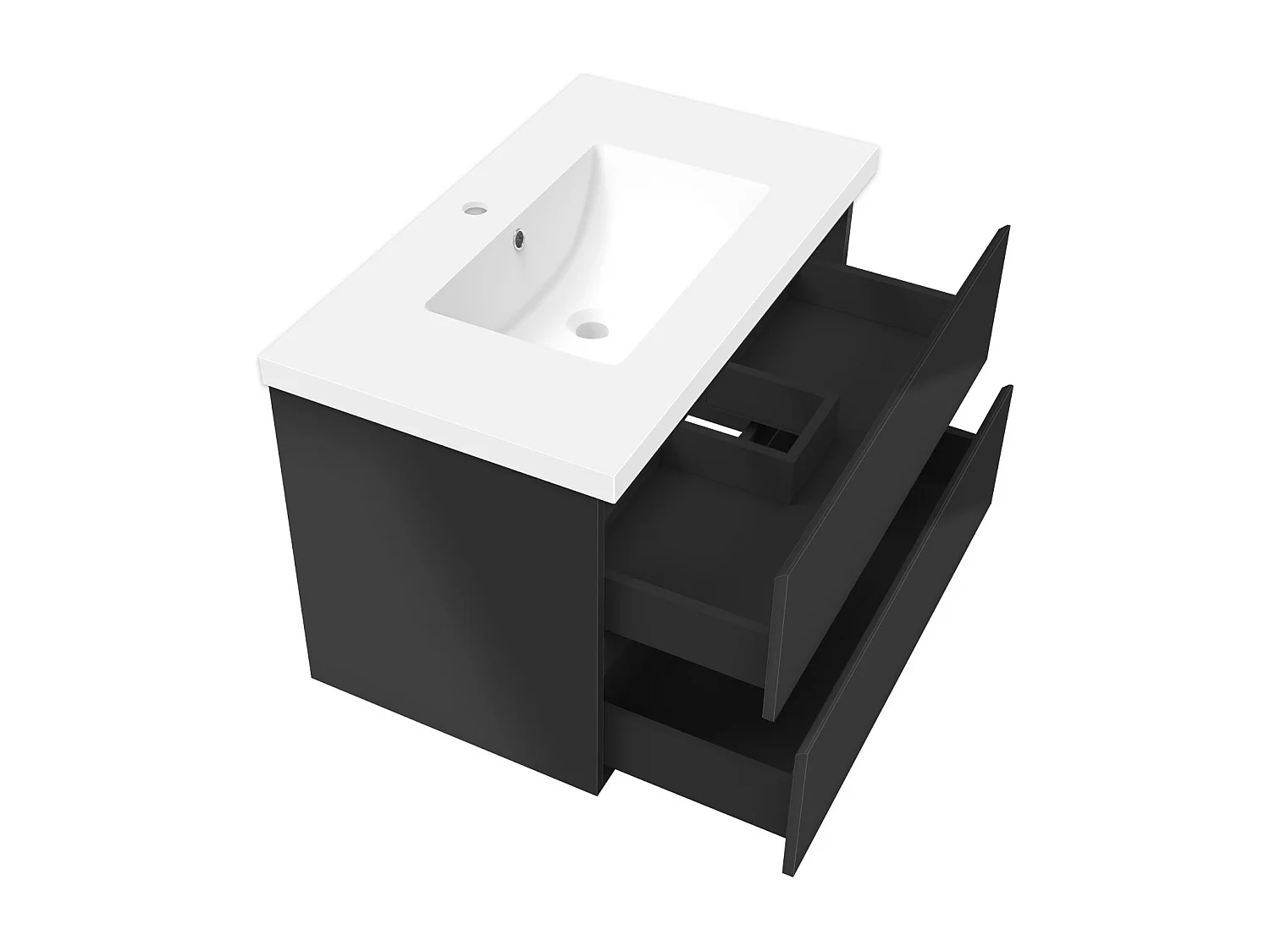 Meuble salle de bain 80cm noir brillant avec 2 tiroirs à fermeture automatique et simple lavabo