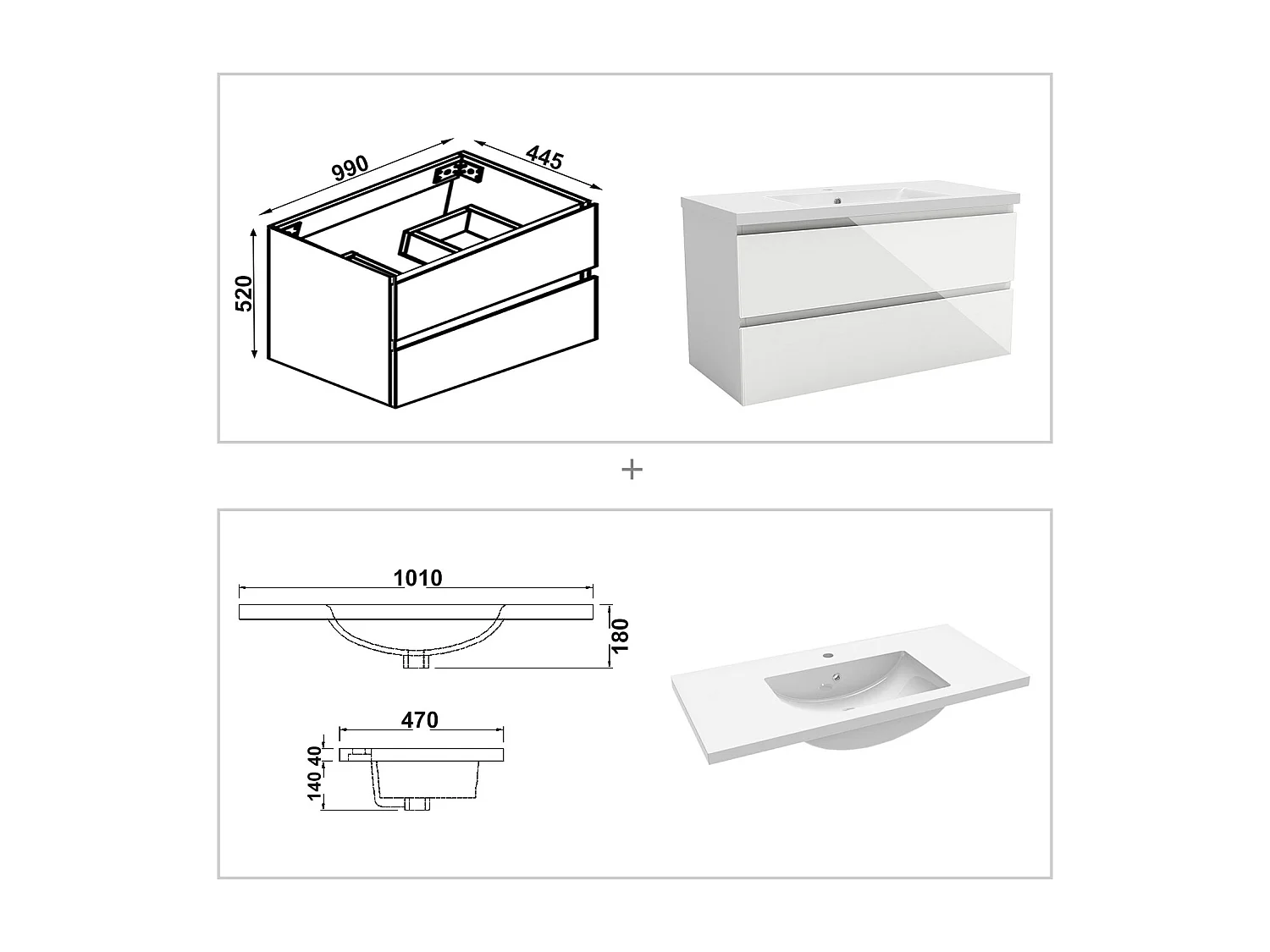 Meuble salle de bain 100cm blanc brillant avec 2 tiroirs à fermeture automatique et simple lavabo